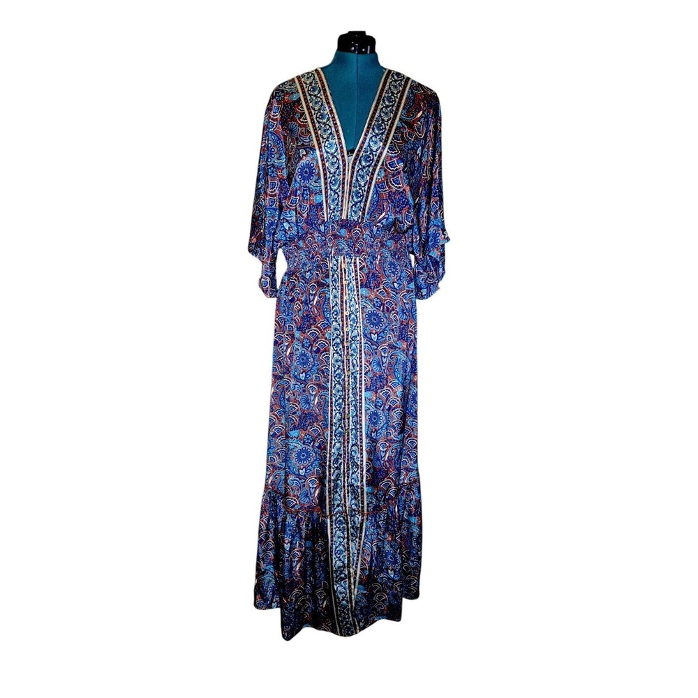 Natural Life XL Maxi Kaftan Dress Blue Red Cream Floral Bohemian Gypsy Airy